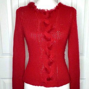 Christmas Holiday Red Sweater Rabbit Fur Adorned Vtg Womens M Bonnie & Bill OOAK
